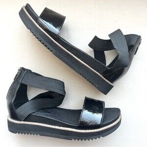 Eileen Fisher Black Patent Leather Sandal w/ Elastic Criss Cross Ankle Strap 7.5